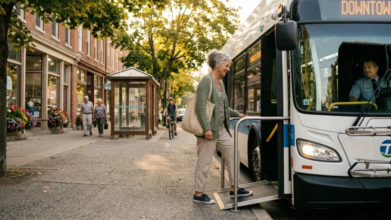 A smiling senior woman steps onto a public bus using an accessibility ramp along a tree-lined downtown sidewalk.