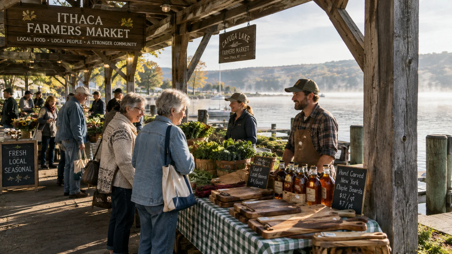 Vendors sell produce and maple syrup under an open wooden pavilion by a misty lake at Ithaca Farmers Market.