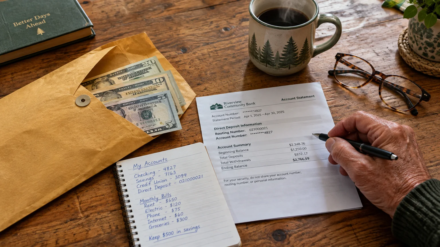 A man writes near a bank statement, a spiral notebook, a coffee mug, and an envelope filled with cash.