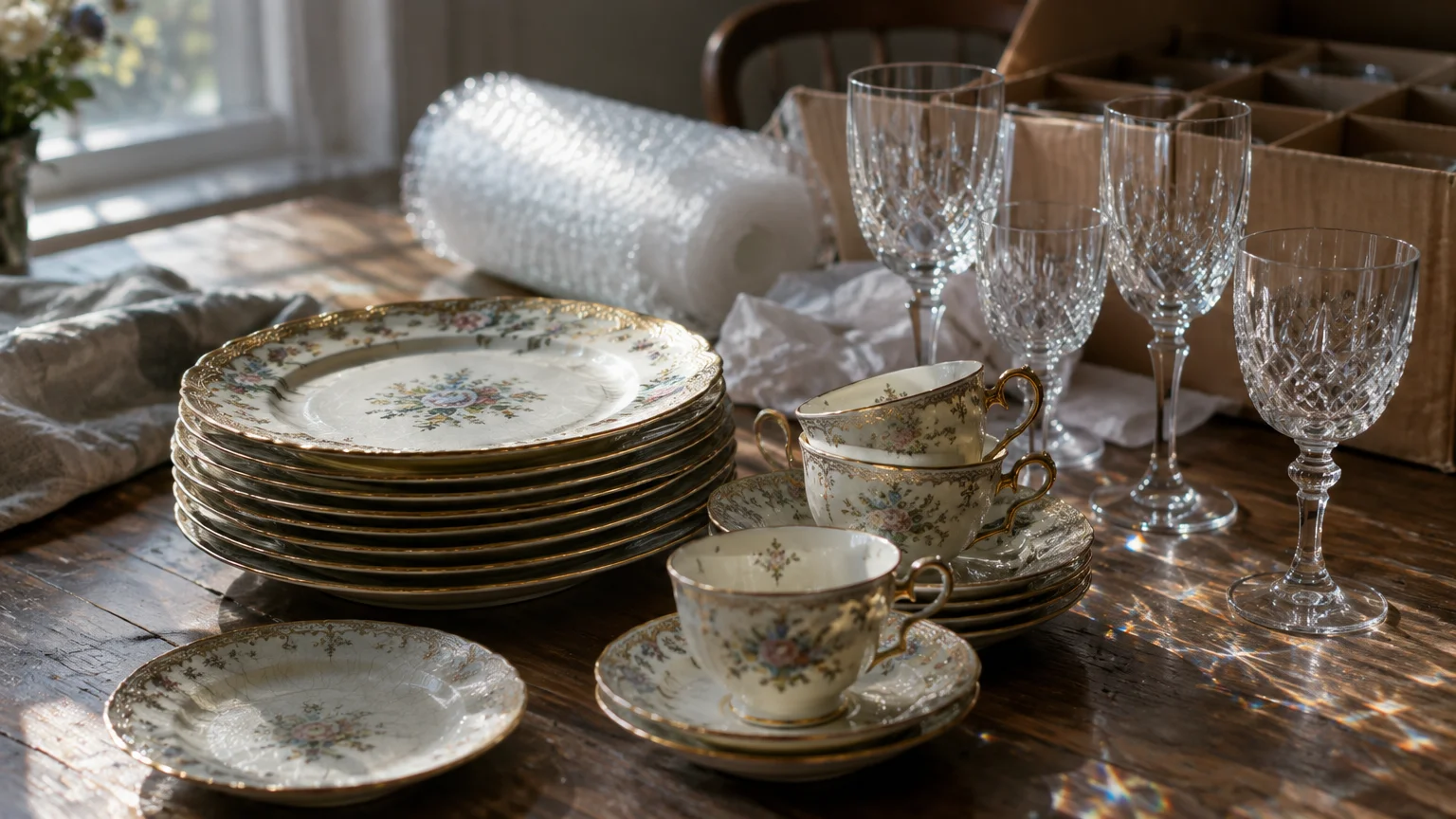 Floral china plates, teacups, and crystal wine glasses arranged on a wooden table beside packing supplies.