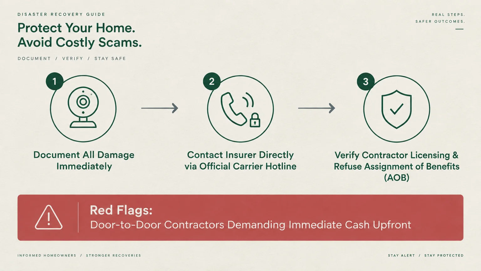 Three-step diagram outlining post-storm recovery steps alongside a red flag warning regarding door-to-door contractors.