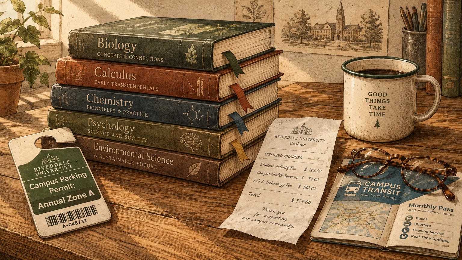 Stack of textbooks, university parking permit, fee receipt, transit pass, eyeglasses, and coffee mug on a wooden desk.