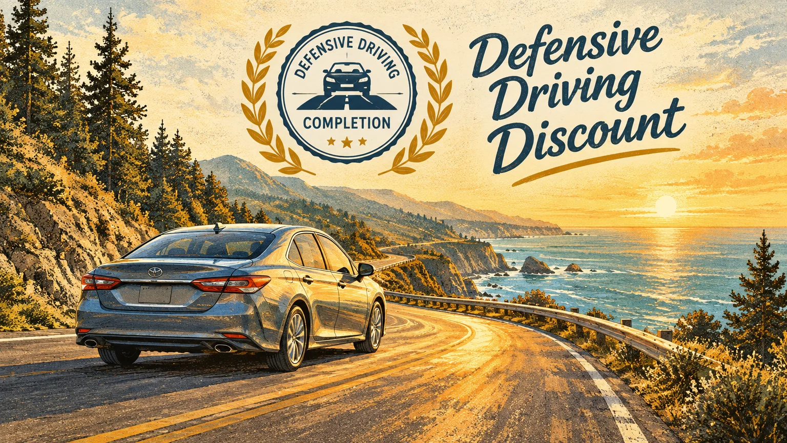 Illustration of a car driving along a coastal highway at sunset with a Defensive Driving Discount badge in the sky.
