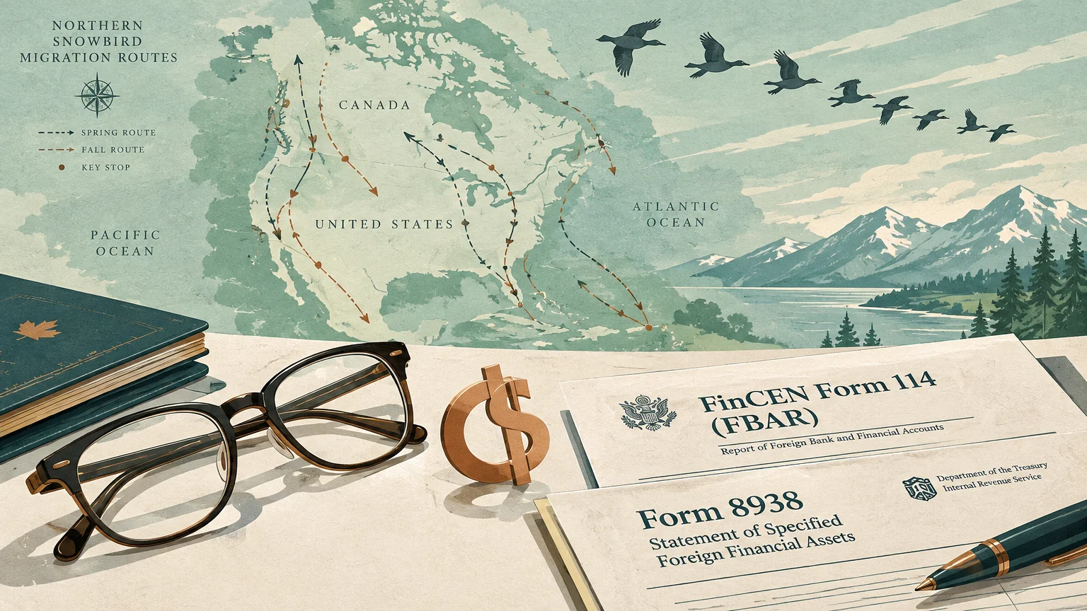 Illustration of FinCEN Form 114 and Form 8938 documents beside eyeglasses, below a map showing snowbird migration routes.