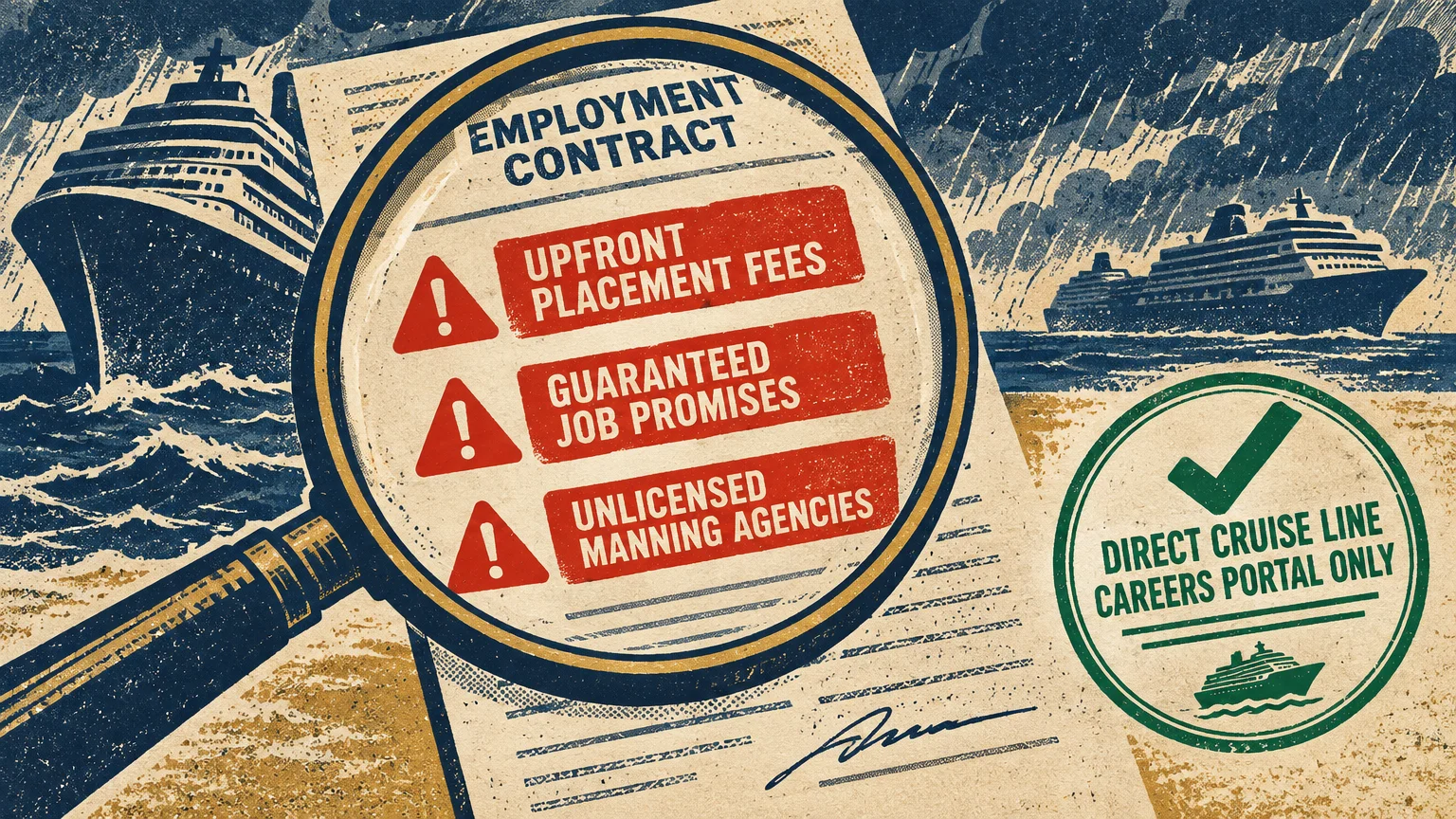 Magnifying glass showing warning signs on an employment contract, beside cruise ships and a career portal seal.