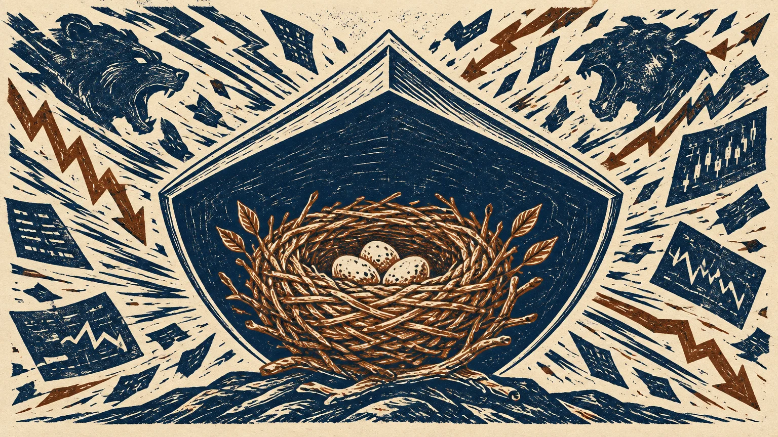 Linocut illustration of a bird nest with three eggs shielded from a roaring bear, bull, and downward trend arrows.
