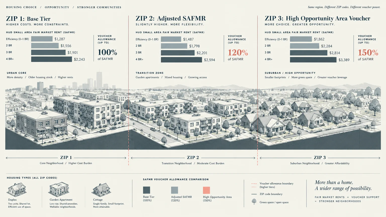 Diagram comparing voucher allowances and rent rates across three ZIP codes showing urban, transitional, and suburban areas.