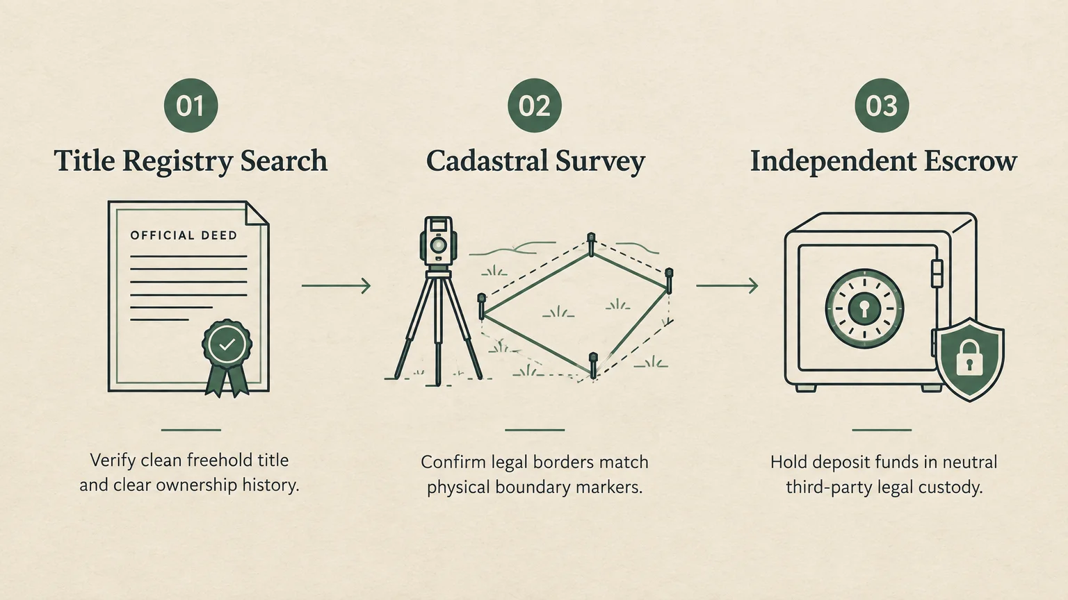 Three-step infographic showing Title Registry Search, Cadastral Survey, and Independent Escrow with green line icons.