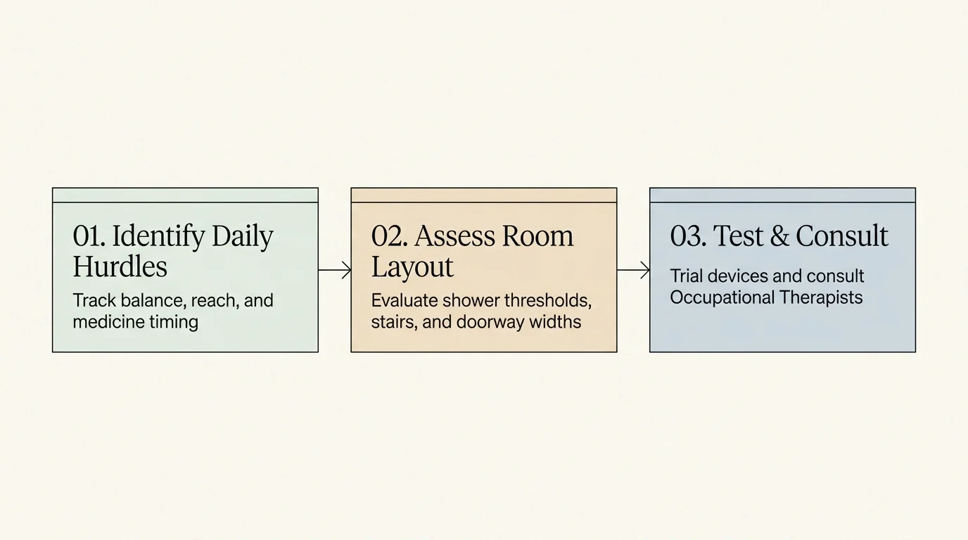 Three sequential boxes outlining steps: 01. Identify Daily Hurdles, 02. Assess Room Layout, and 03. Test & Consult.