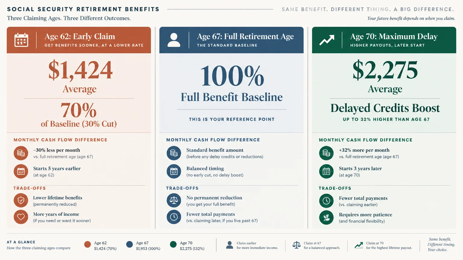 Infographic comparing Social Security retirement benefits across three claiming ages: Age 62, Age 67, and Age 70.