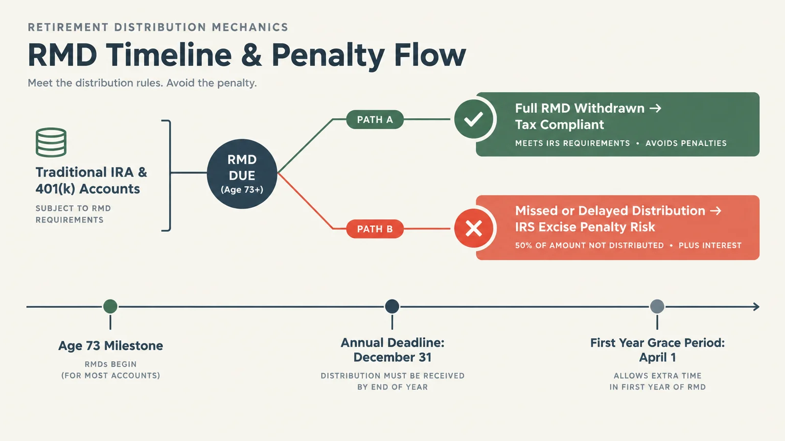 Diagram of RMD timeline and penalty flow showing compliant versus missed distribution paths and key age milestones.