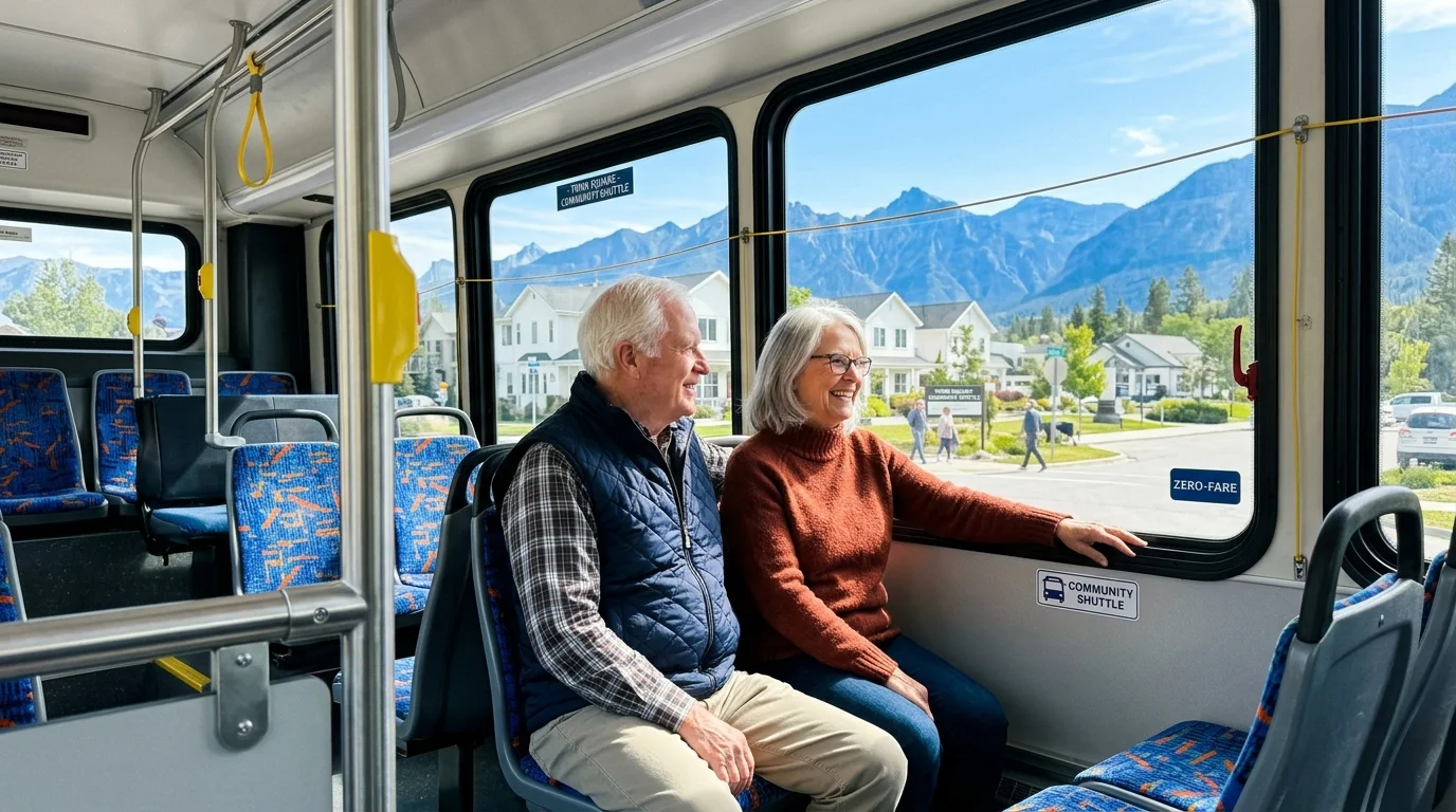 A senior couple sits smiling together inside a bus, looking out the large window at a sunny town and mountains.