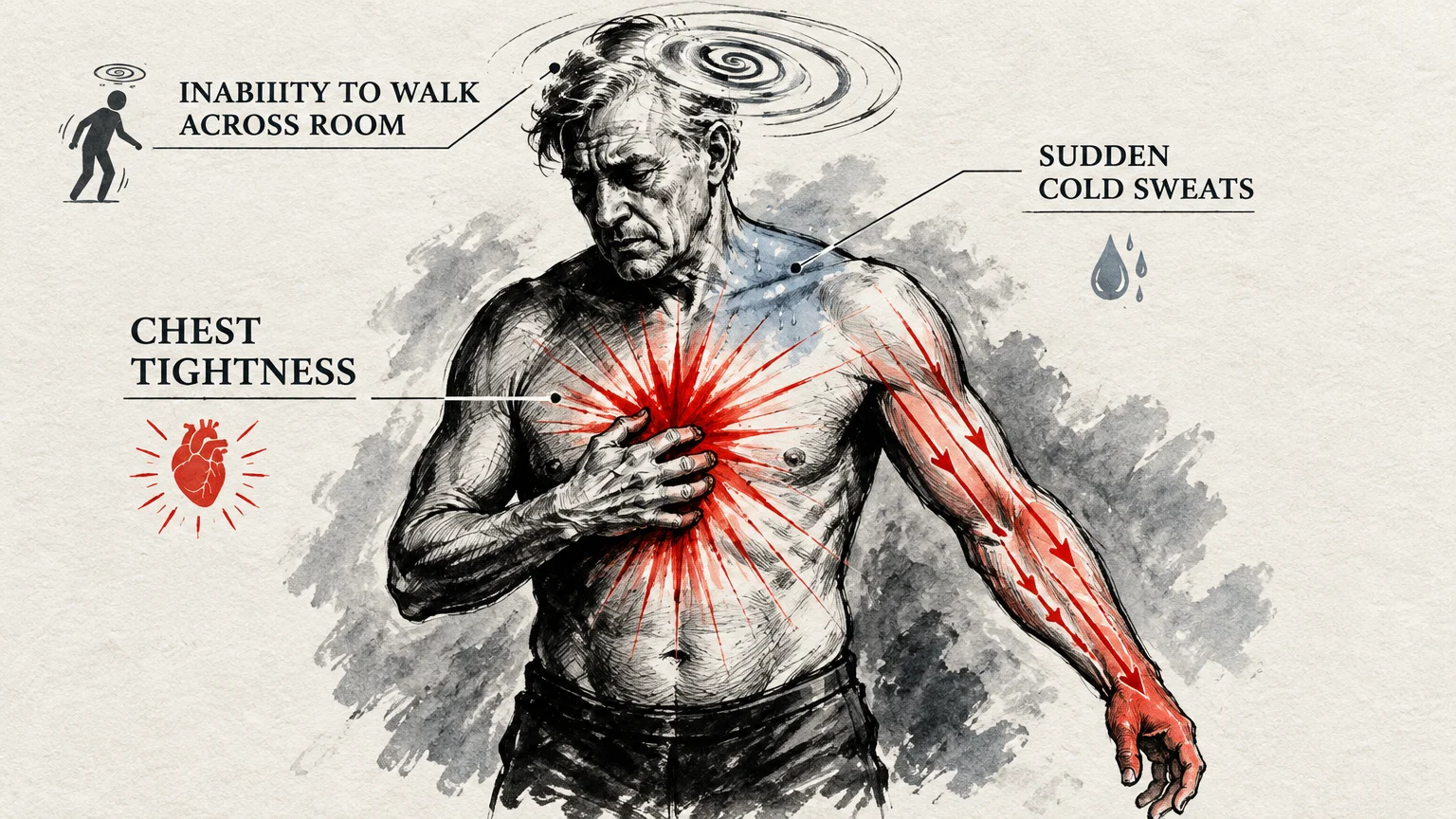 Illustration of a distressed man clutching his chest with radiating red pain down his arm, labeled with heart attack symptoms.