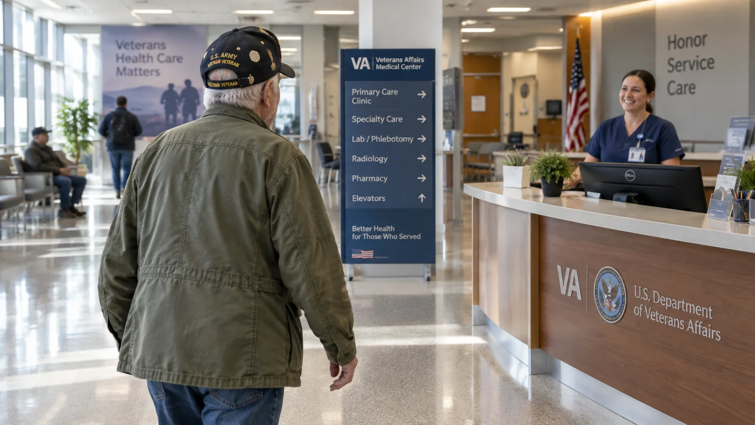 A veteran in a military cap walks toward the check-in reception desk at a bright VA medical center lobby.