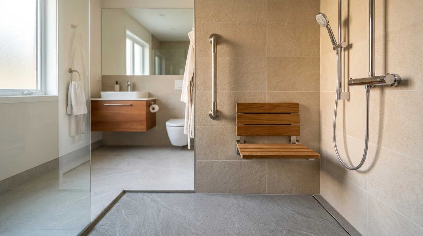 Modern walk-in shower featuring a wall-mounted wooden bench, a vertical grab bar, handheld showerhead, and tiled walls.