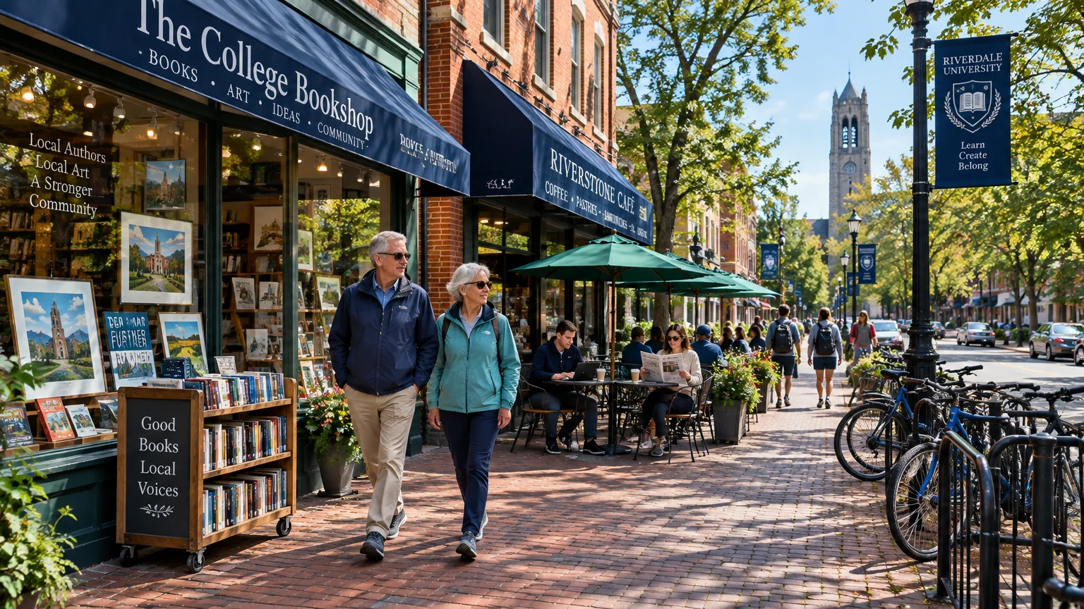 Older couple walking along a brick sidewalk past a college bookstore and outdoor cafe tables toward a campus clock tower.