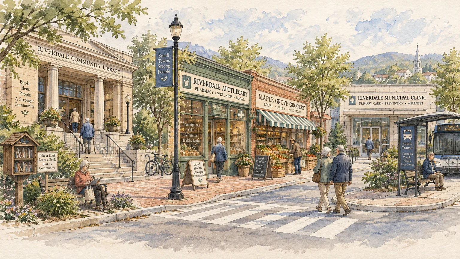 Watercolor illustration of a walkable town street with seniors near a library, apothecary, grocery store, and clinic.