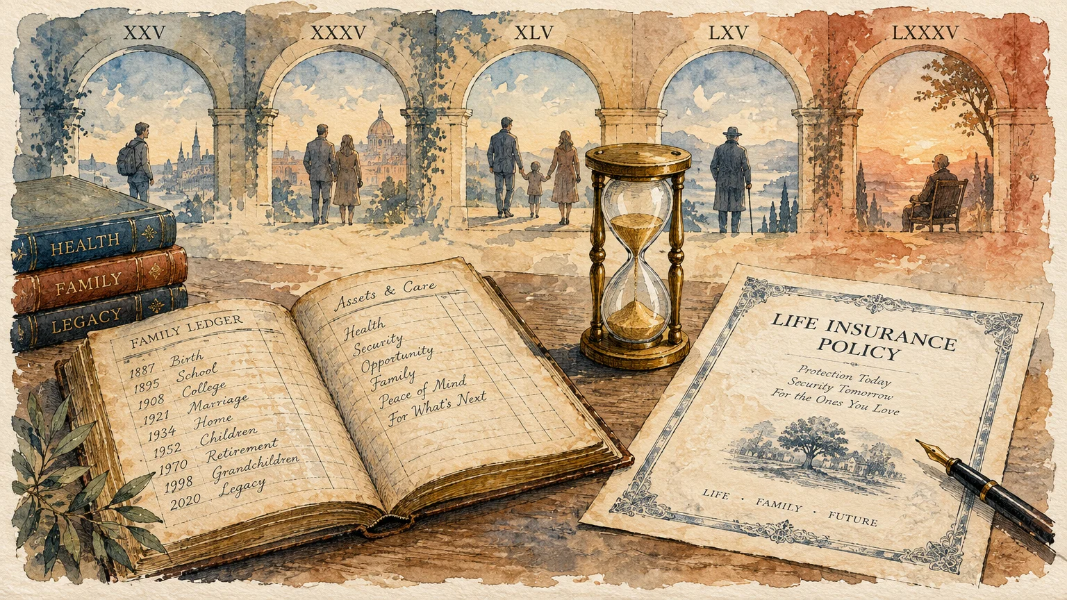 Watercolor illustration of an open ledger, hourglass, and insurance policy beneath stone arches depicting life stages.