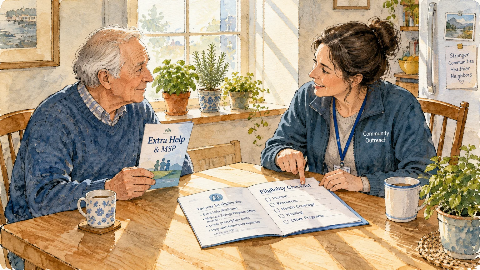 Watercolor illustration of an outreach worker reviewing an eligibility checklist at a kitchen table with an older man.