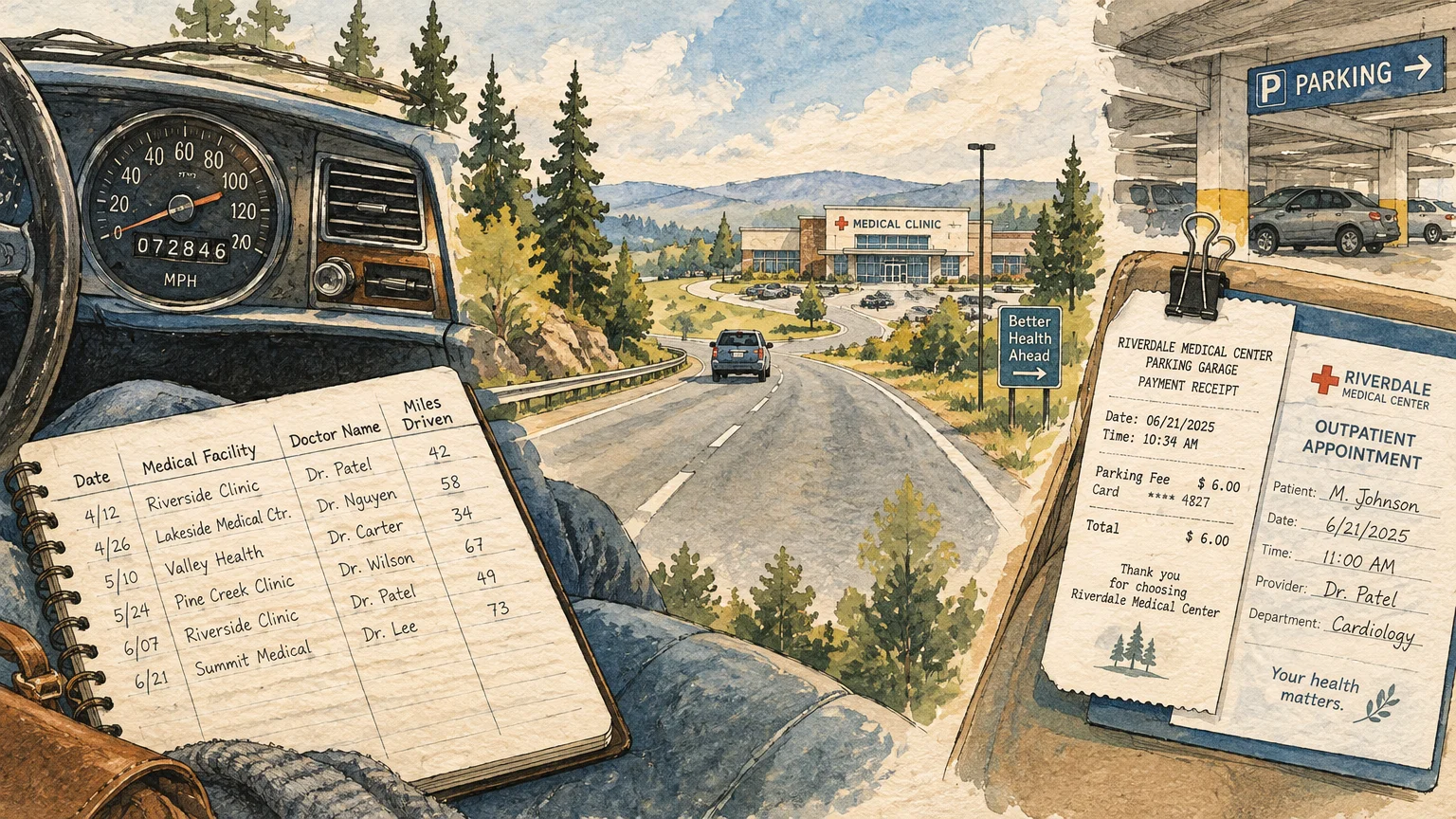 Illustration of a car dashboard with a mileage logbook, a road leading to a clinic, and a parking receipt.