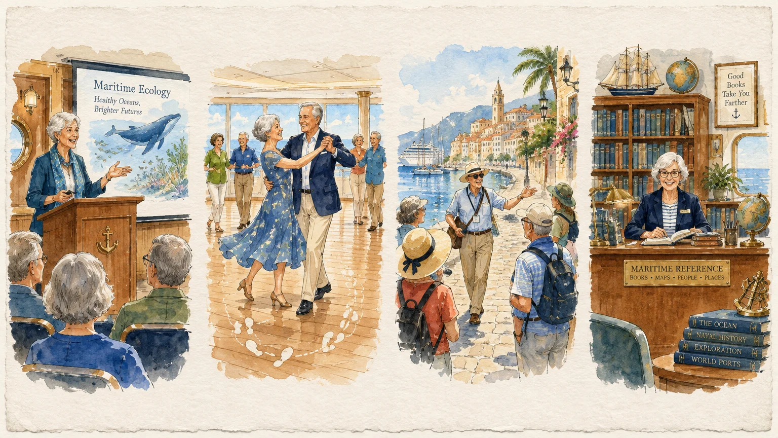 Four watercolor scenes showing seniors working as a cruise lecturer, dance instructor, tour guide, and librarian.