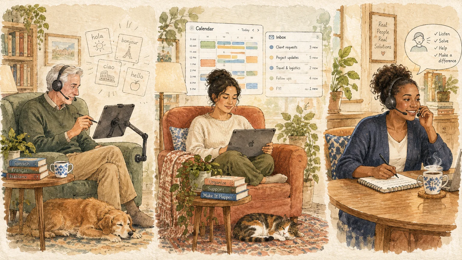 Three-panel watercolor illustration of people working comfortably from home with tablets, headsets, and pets relaxing nearby.