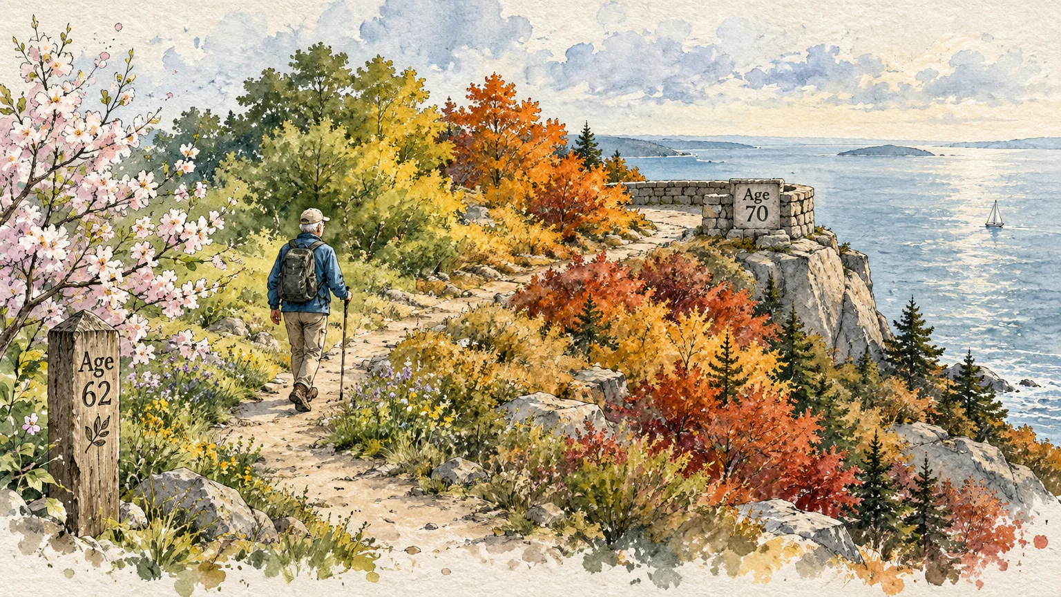 Watercolor illustration of a hiker on a coastal path marked with milestone markers reading Age 62 and Age 70.
