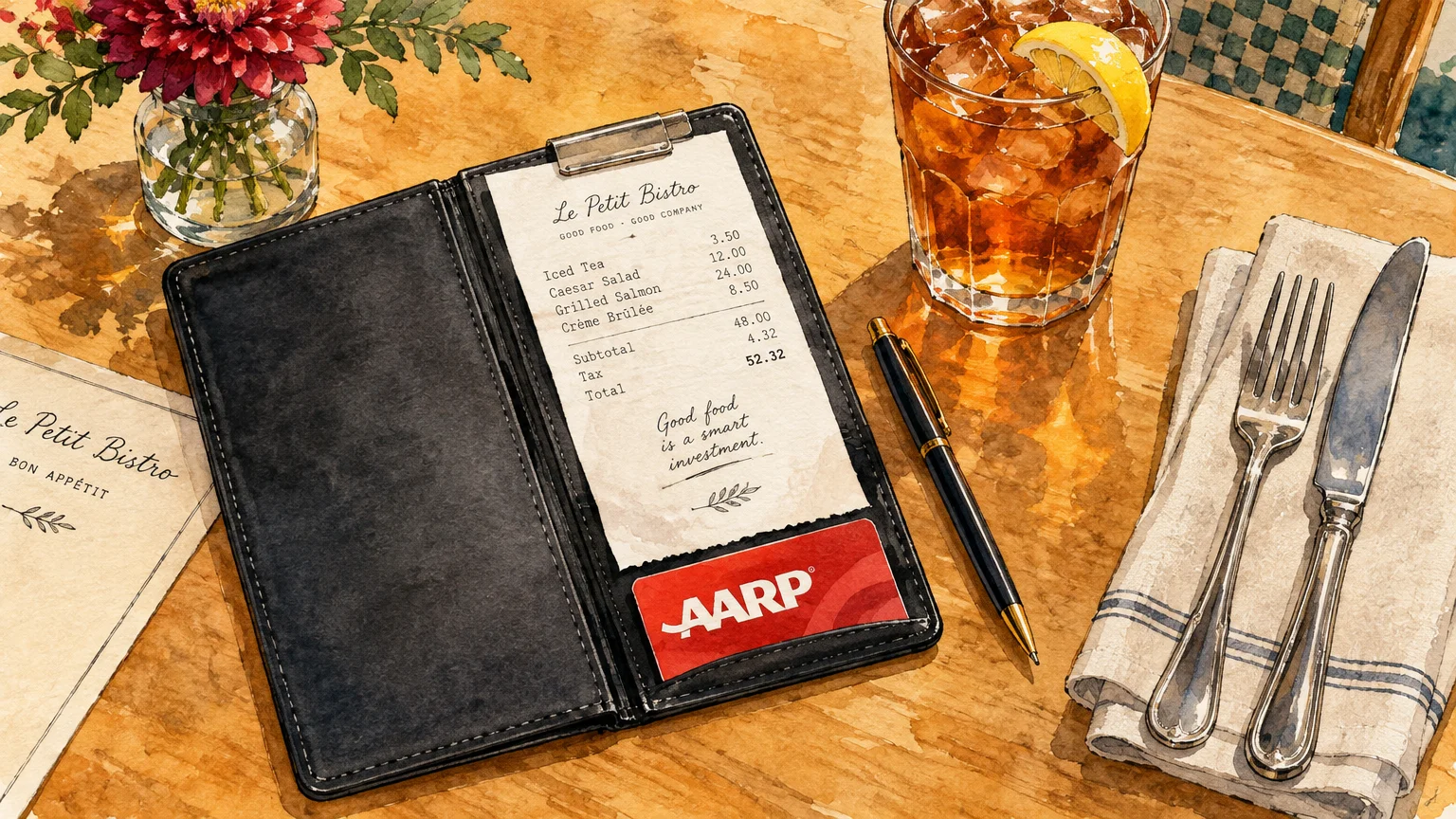 Watercolor illustration of a restaurant check presenter with an AARP card, bill, pen, iced tea, and silverware on a table.