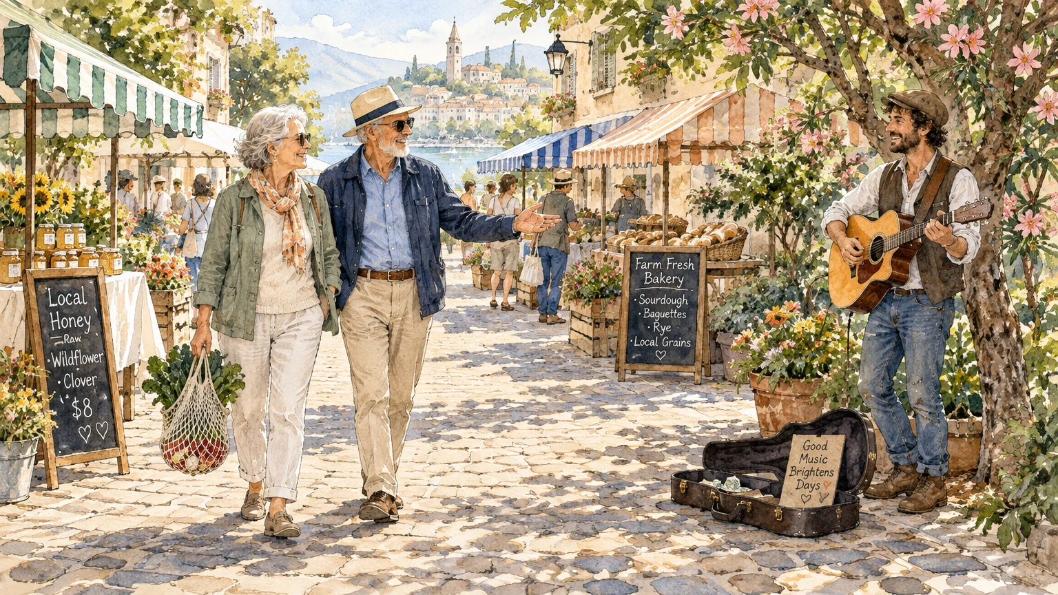 Watercolor illustration of a retired couple strolling an outdoor farmers market past stalls and a street musician playing guitar.