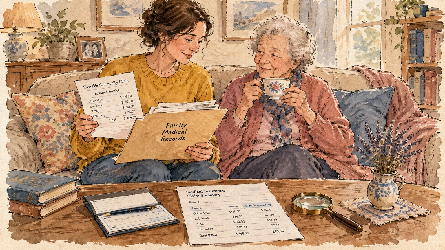 Illustration of a woman reviewing medical bills and records on a couch next to an elderly woman drinking tea.