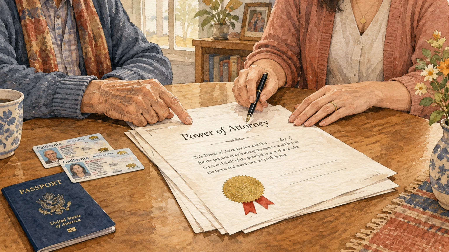 Watercolor illustration of hands reviewing a Power of Attorney document with driver's licenses and a passport on a table.