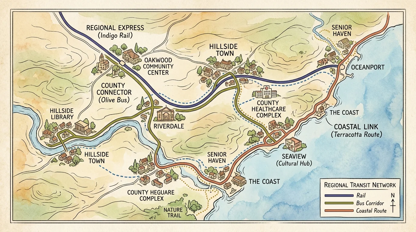 Watercolor illustrated map showing regional transit routes connecting towns, healthcare facilities, and coastal stops.