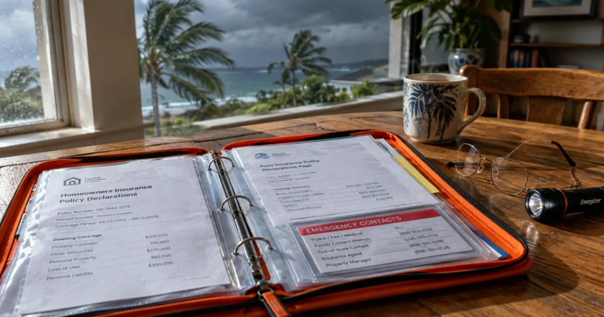 Insurance binder open on a wooden table beside a flashlight and eyeglasses, with storm clouds over the ocean outside.