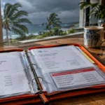 Insurance binder open on a wooden table beside a flashlight and eyeglasses, with storm clouds over the ocean outside.