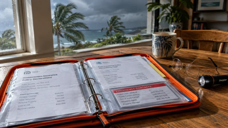 Insurance binder open on a wooden table beside a flashlight and eyeglasses, with storm clouds over the ocean outside.