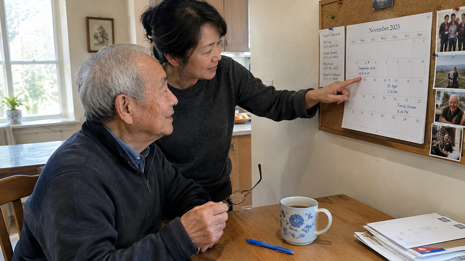 A woman points at a wall calendar while an older Asian man sitting at a wooden table looks on holding glasses.