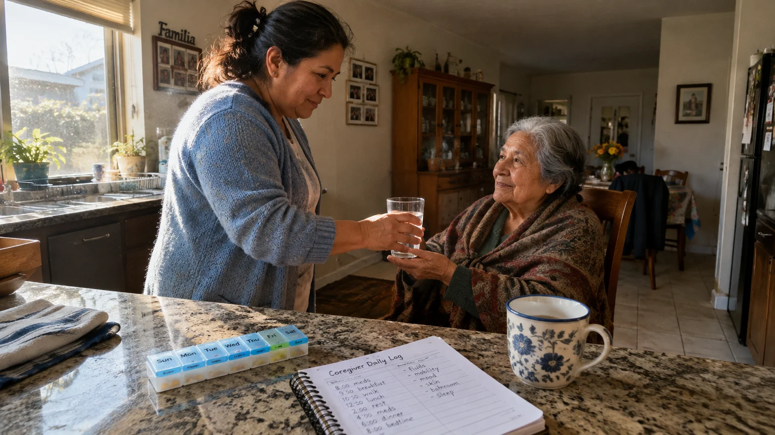 A woman hands a glass of water to an elderly woman sitting near a counter with a pill organizer and care log.