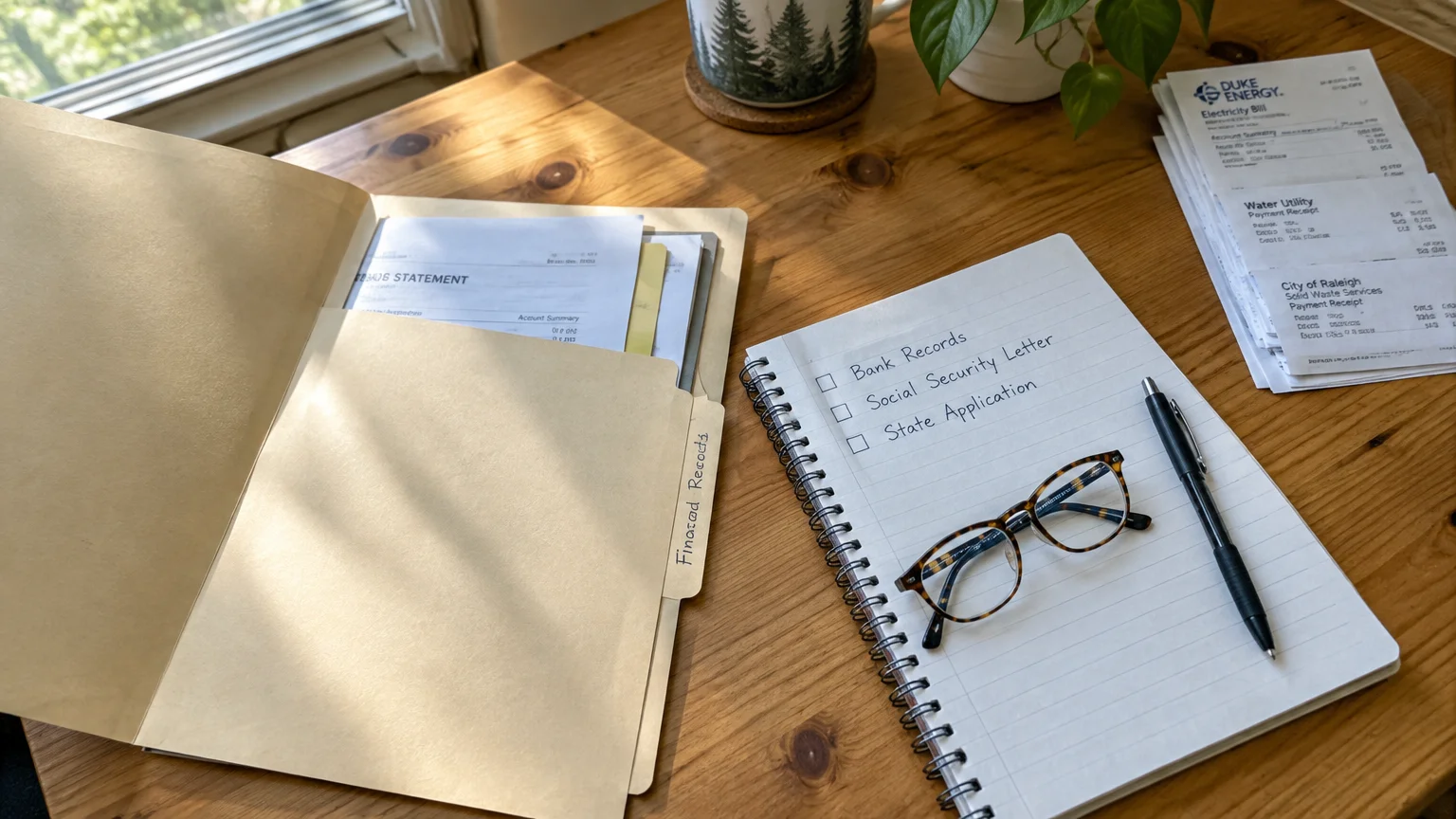 Manila folder of financial records, handwritten checklist notebook, eyeglasses, pen, and utility bills on a wooden desk.