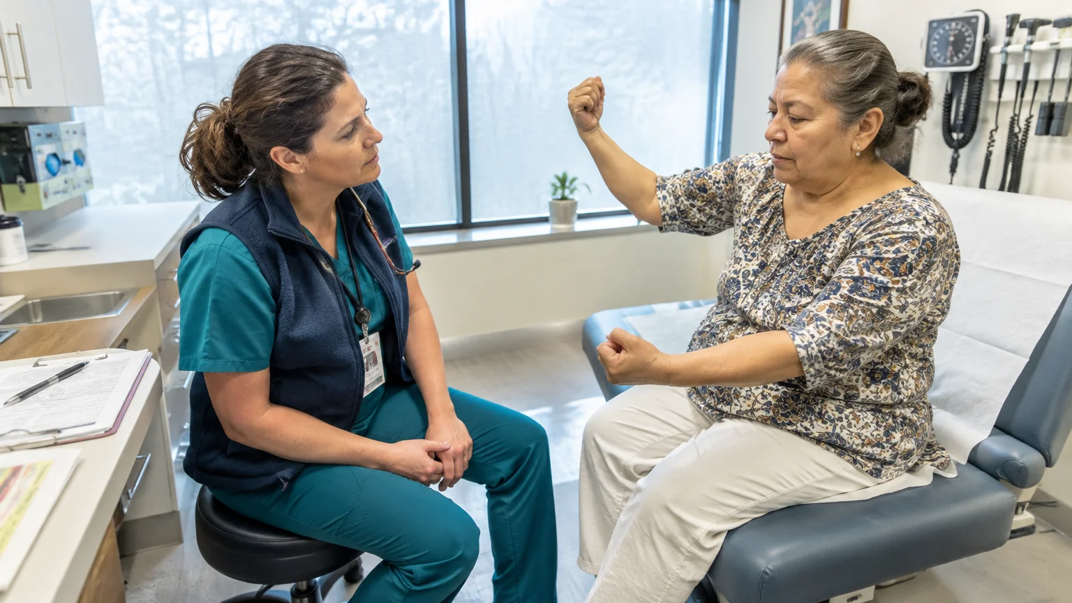 A doctor in teal scrubs and vest observes an older woman testing her arm strength on an examination table in a clinic.
