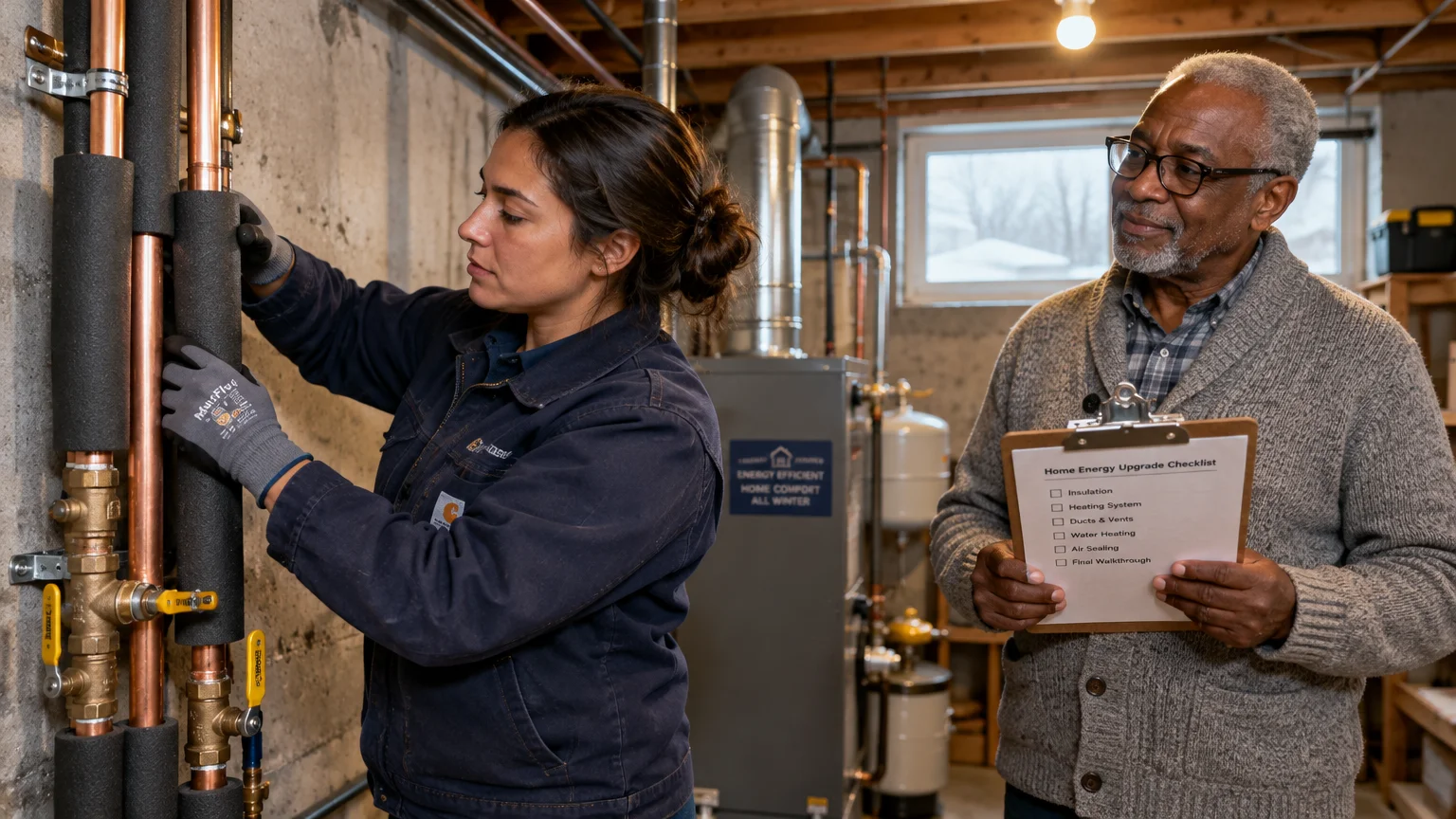 A female technician installs pipe insulation while an older man holds a home energy upgrade checklist in a basement.