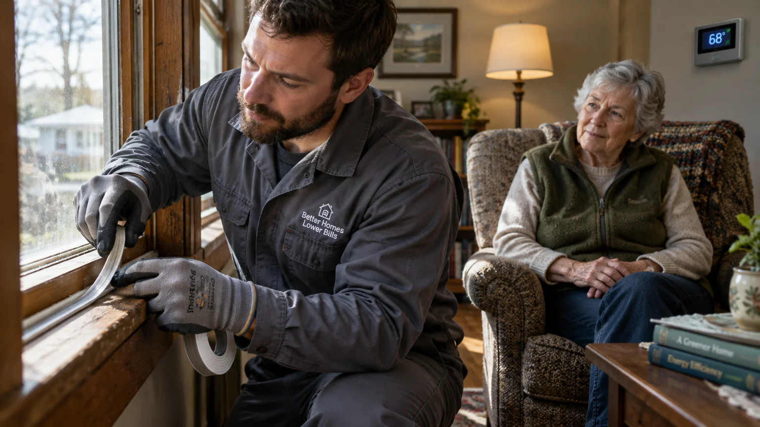 A technician in work clothes applies weatherstripping to a window sill while an elderly woman watches from an armchair.
