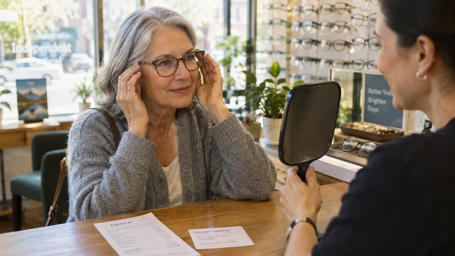 A senior woman tries on eyeglasses at an optometry counter while looking into a mirror held by a specialist.