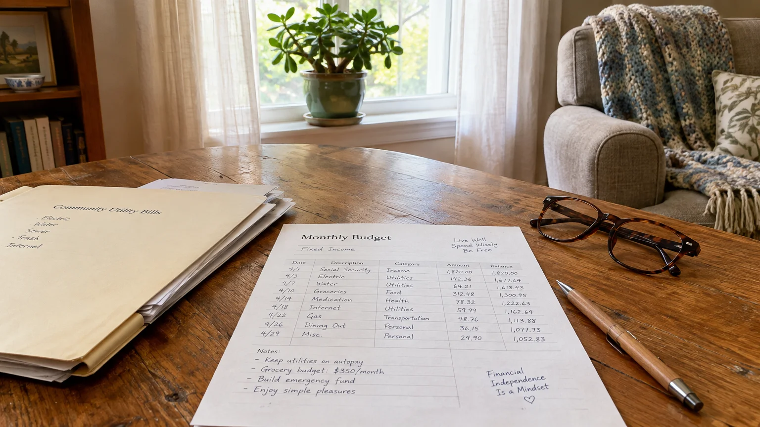 A printed monthly budget sheet, utility folder, pen, and eyeglasses rest on a wooden table beside a sunlit window.