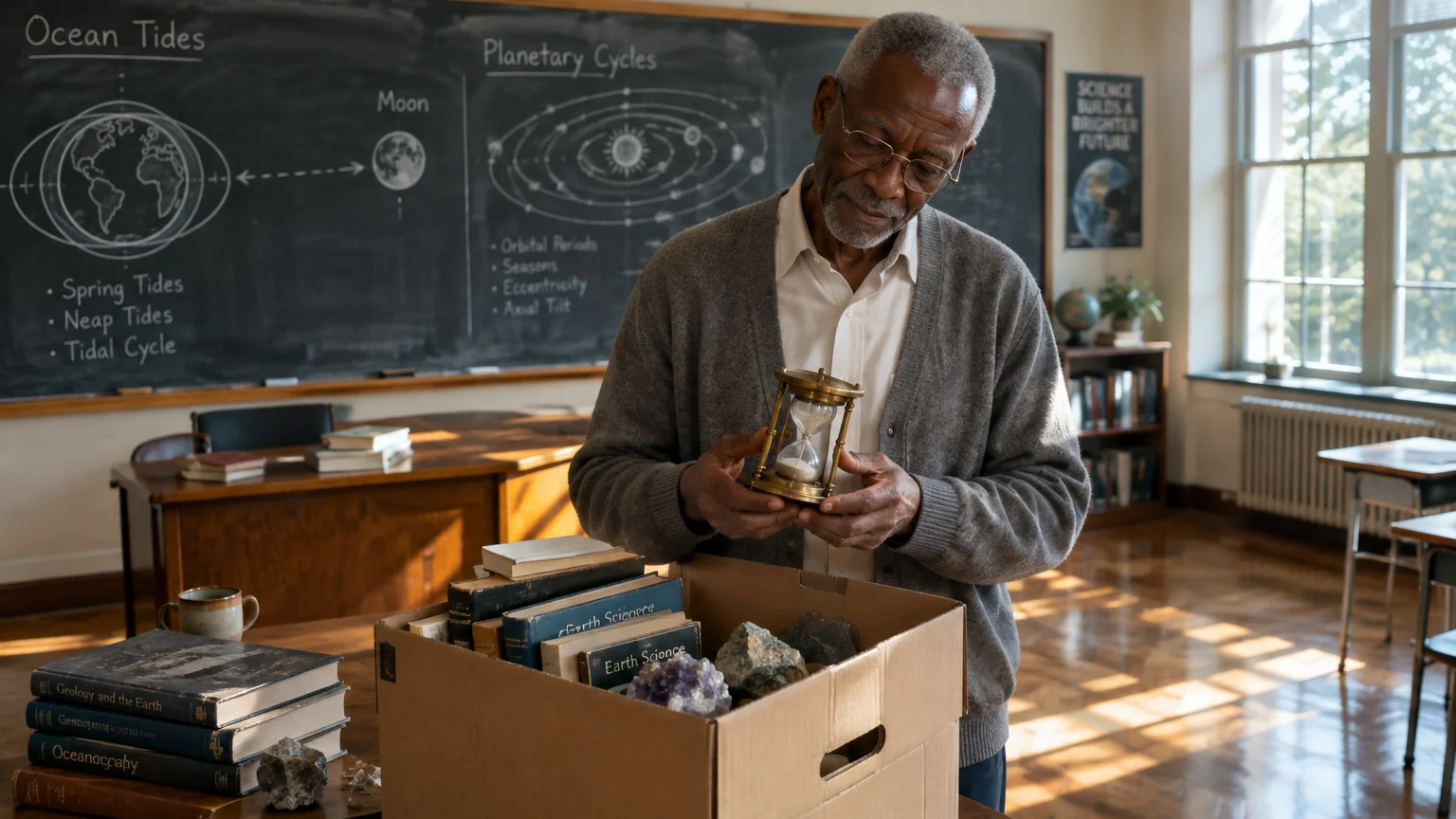 An older man in a classroom holds a brass hourglass over an open cardboard box filled with books and rocks.