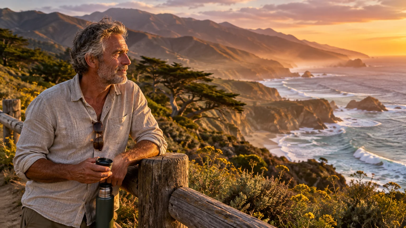 A mature man holds a thermos by a wooden railing overlooking a scenic coastal mountain range and ocean at sunset.