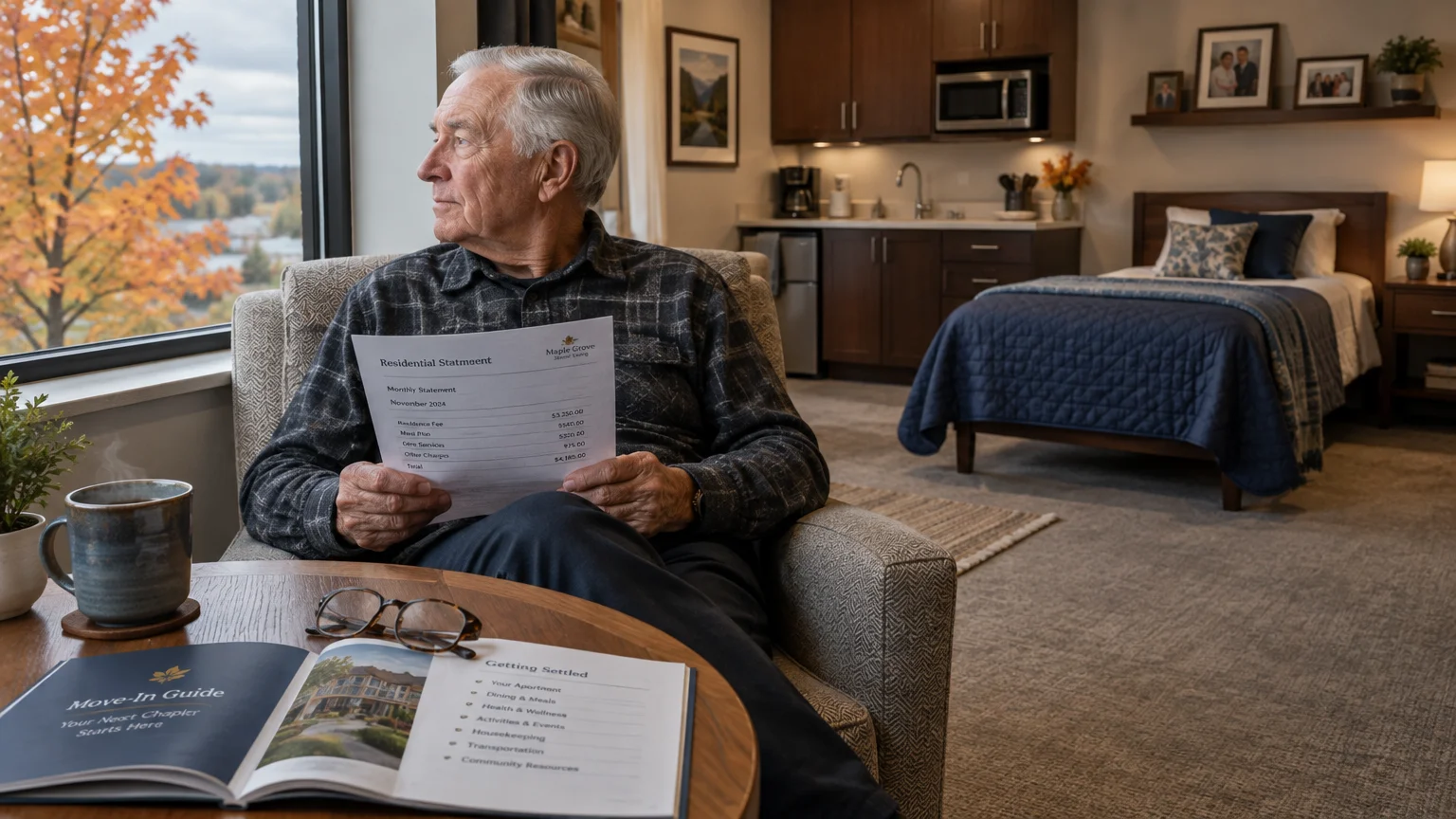 Senior man sitting in an assisted living studio apartment holding a monthly bill and looking out the window.