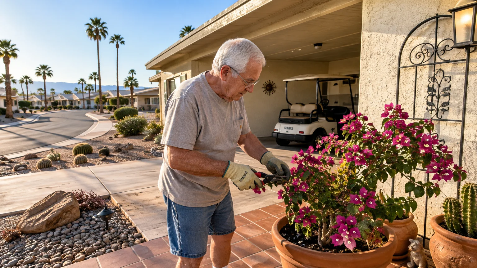 Older man pruning a potted flowering bougainvillea outside a desert home with a golf cart in the driveway.