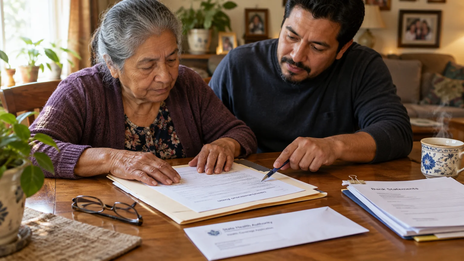 An older woman and a man sit at a wooden table reviewing paperwork, envelopes, and bank statements together.