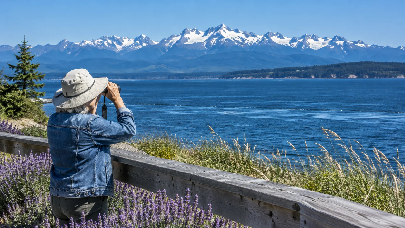 A person looking through binoculars across blue water toward snow-capped mountains, standing near a wooden fence and flowers.