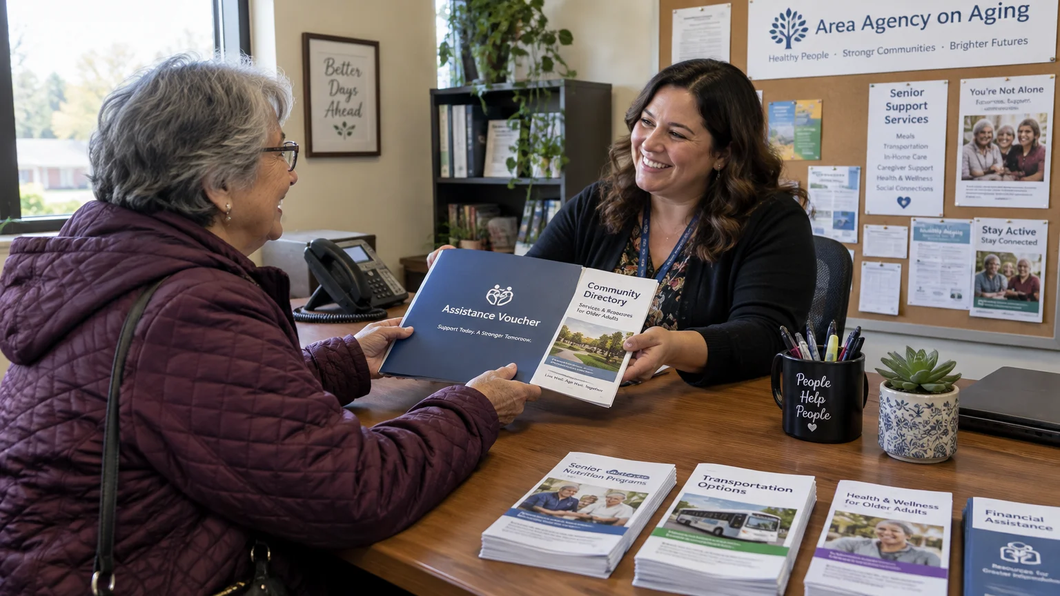 A smiling woman at an Area Agency on Aging desk hands an assistance voucher booklet to a senior woman.
